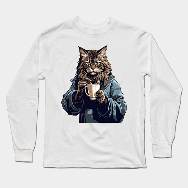 Maine Coon Cat Drinking Coffee Long Sleeve T-Shirt by Graceful Designs